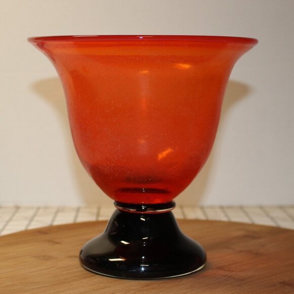 Frosted Orange Art Glass Pedestal Vase w/ Black Base 7" Round x 7" T Centerpiece - Picture 5 of 6